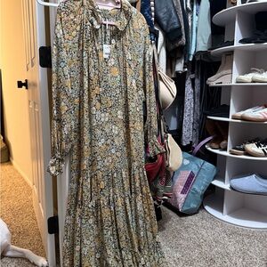 Free People Floral Long Sleeve Dress - Yellow and Green